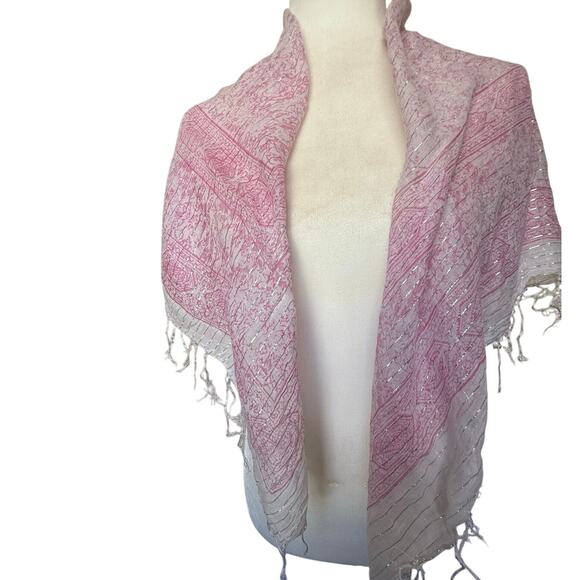 SCARF pink square 38x38" thin with string fringes silver thread - Picture 1 of 8